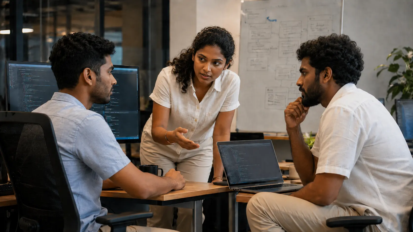 Small business team discussing software plans in a meeting room